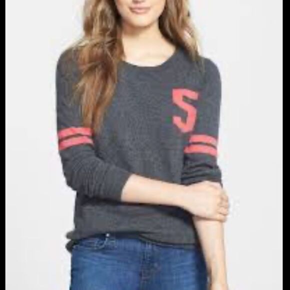 Halogen 100% Cashmere Grey Raglan #5 Stripe Sleeves Preppy Soft Sweater Large - Picture 1 of 8